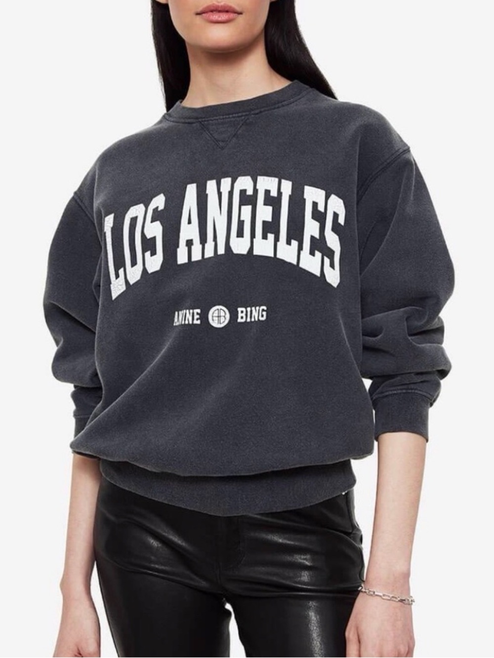 Anine Bing Charcoal Crewneck Sweatshirt with White 'Los Angeles' Logo